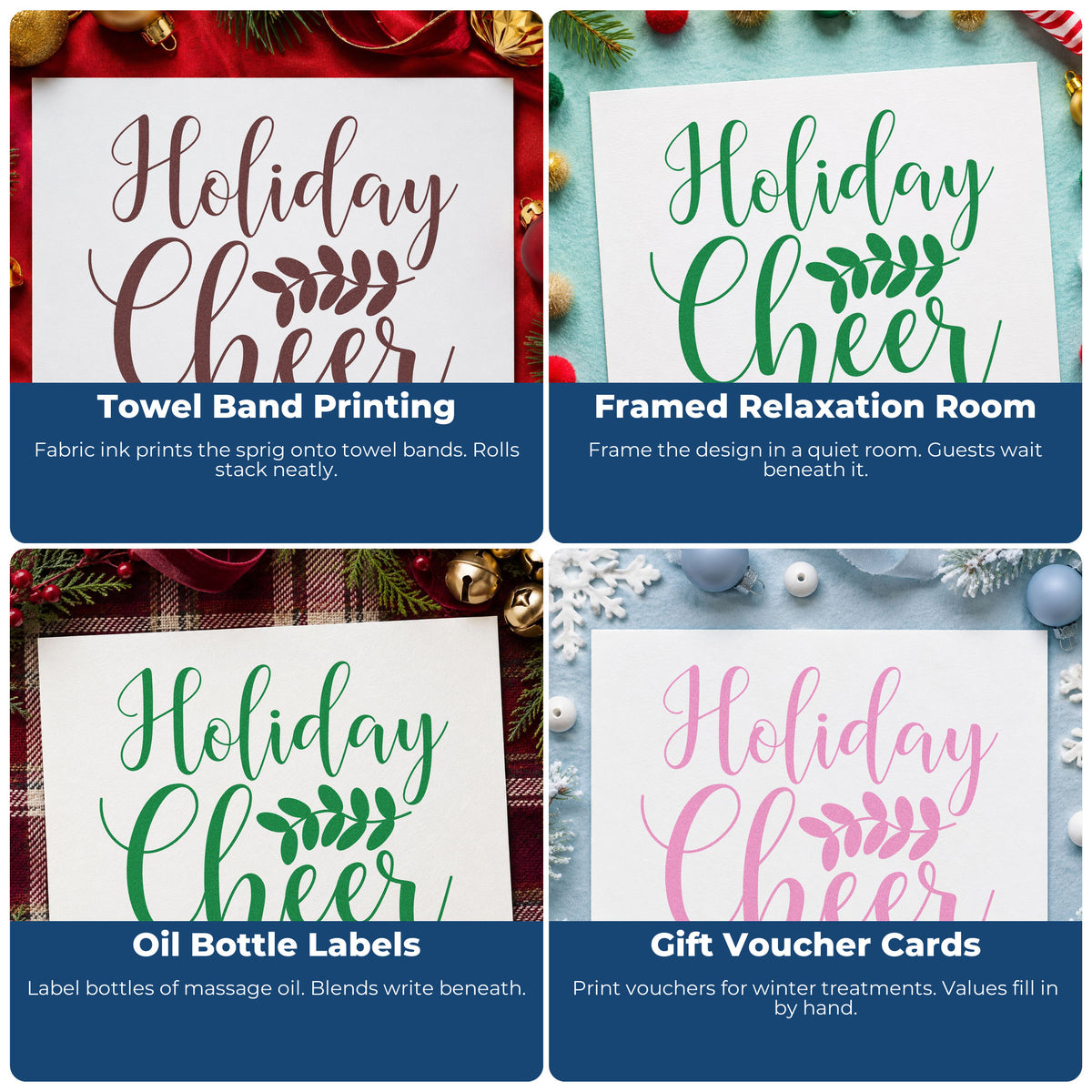 Four ways to use the Holiday Cheer Leafy Sprig Slim Pre-Inked Stamp: towel band printing, framed relaxation room, oil bottle labels and gift voucher cards.