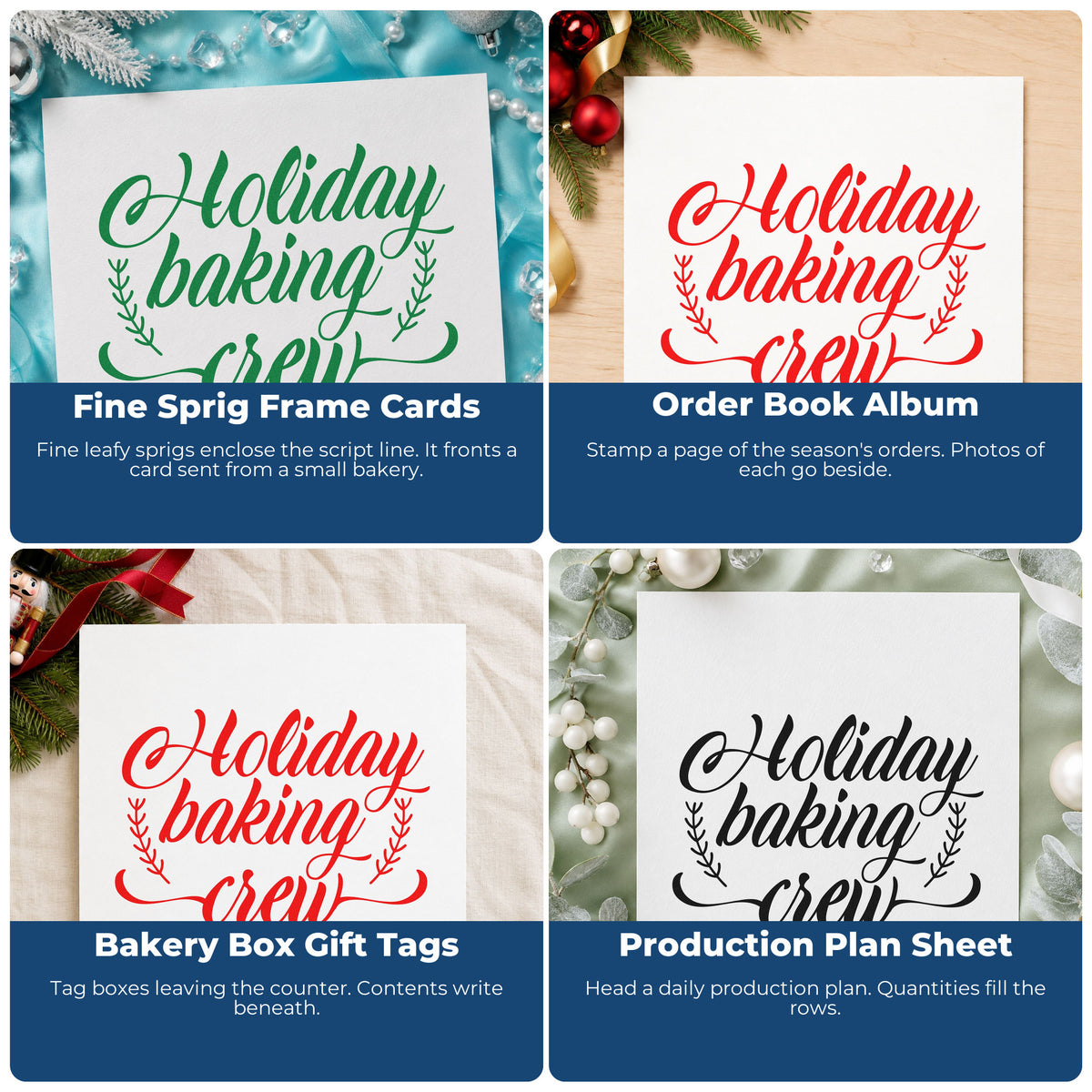 Four ways to use the Holiday Baking Crew Sprigs Leaf Accents Hand Stamp – Duo: fine sprig frame cards, order book album, bakery box gift tags and production plan sheet.