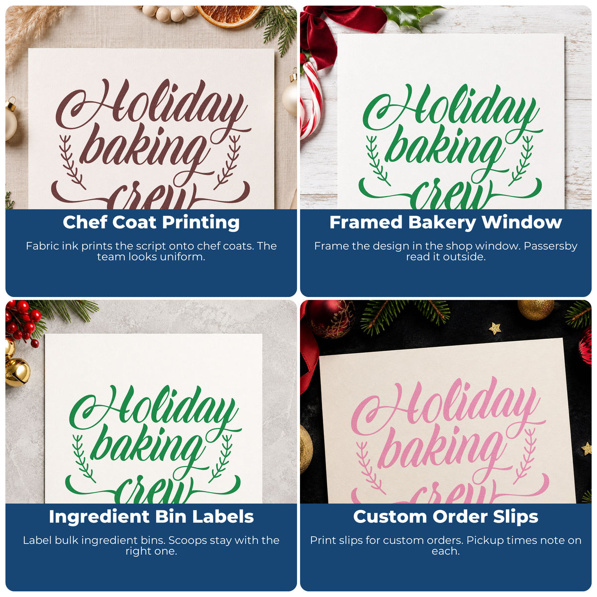 Four ways to use the Holiday Baking Crew Sprigs Leaf Accents Hand Stamp – Duo: chef coat printing, framed bakery window, ingredient bin labels and custom order slips.