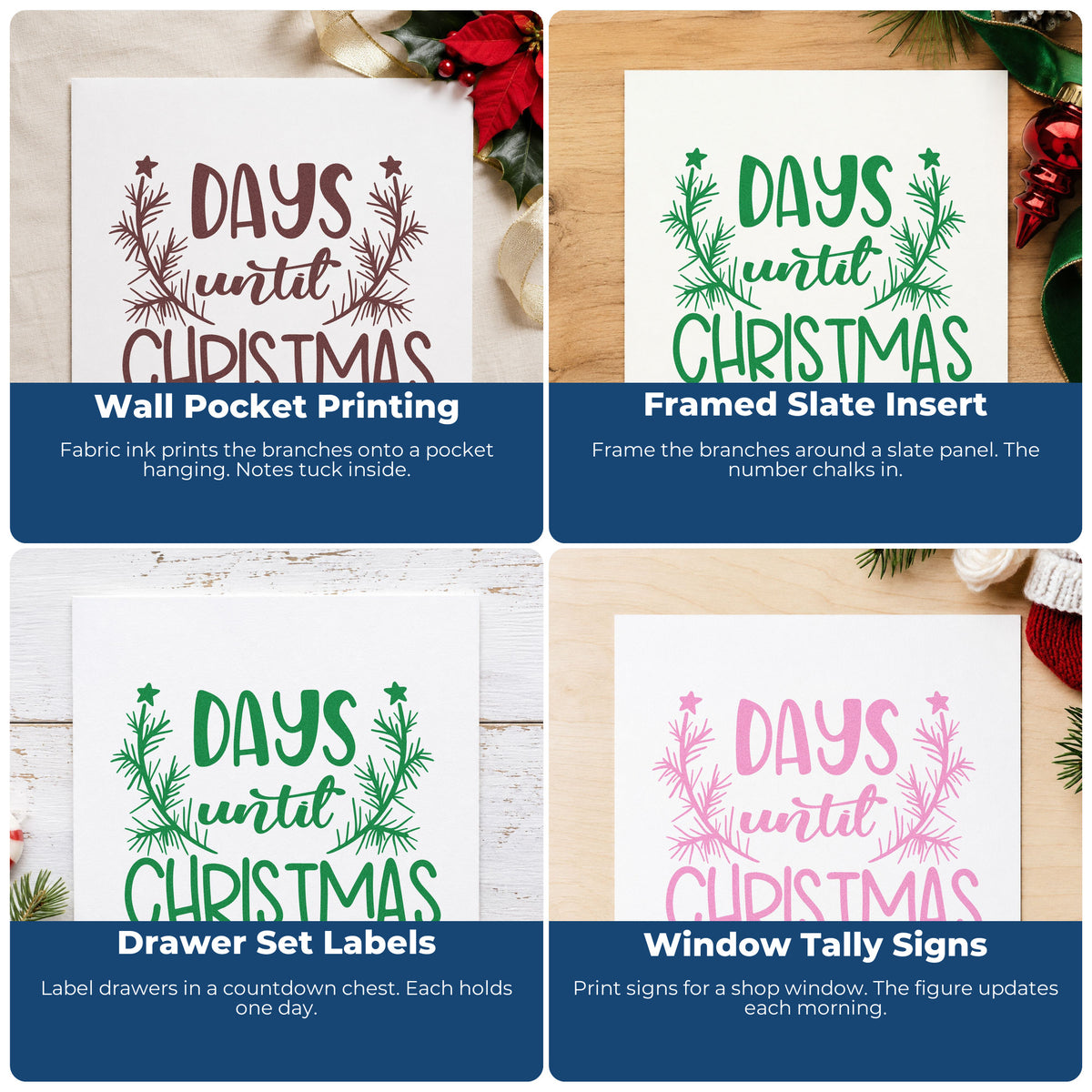 Four ways to use the Days Until Christmas Branches Pre-Inked Stamp – PSI: wall pocket printing, framed slate insert, drawer set labels and window tally signs.