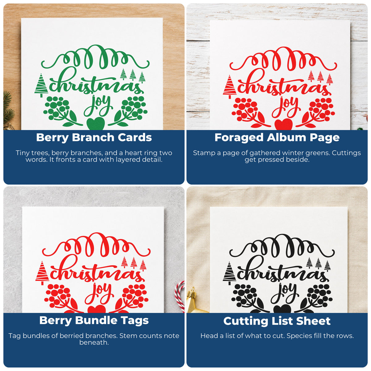 Four ways to use the Christmas Joy Berry Framed Lettering Rubber Stamp – Wood Handle: berry branch cards, foraged album page, berry bundle tags and cutting list sheet.