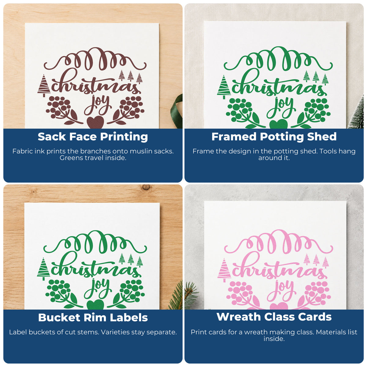 Four ways to use the Christmas Joy Berry Framed Lettering Hand Stamp – Duo: sack face printing, framed potting shed, bucket rim labels and wreath class cards.