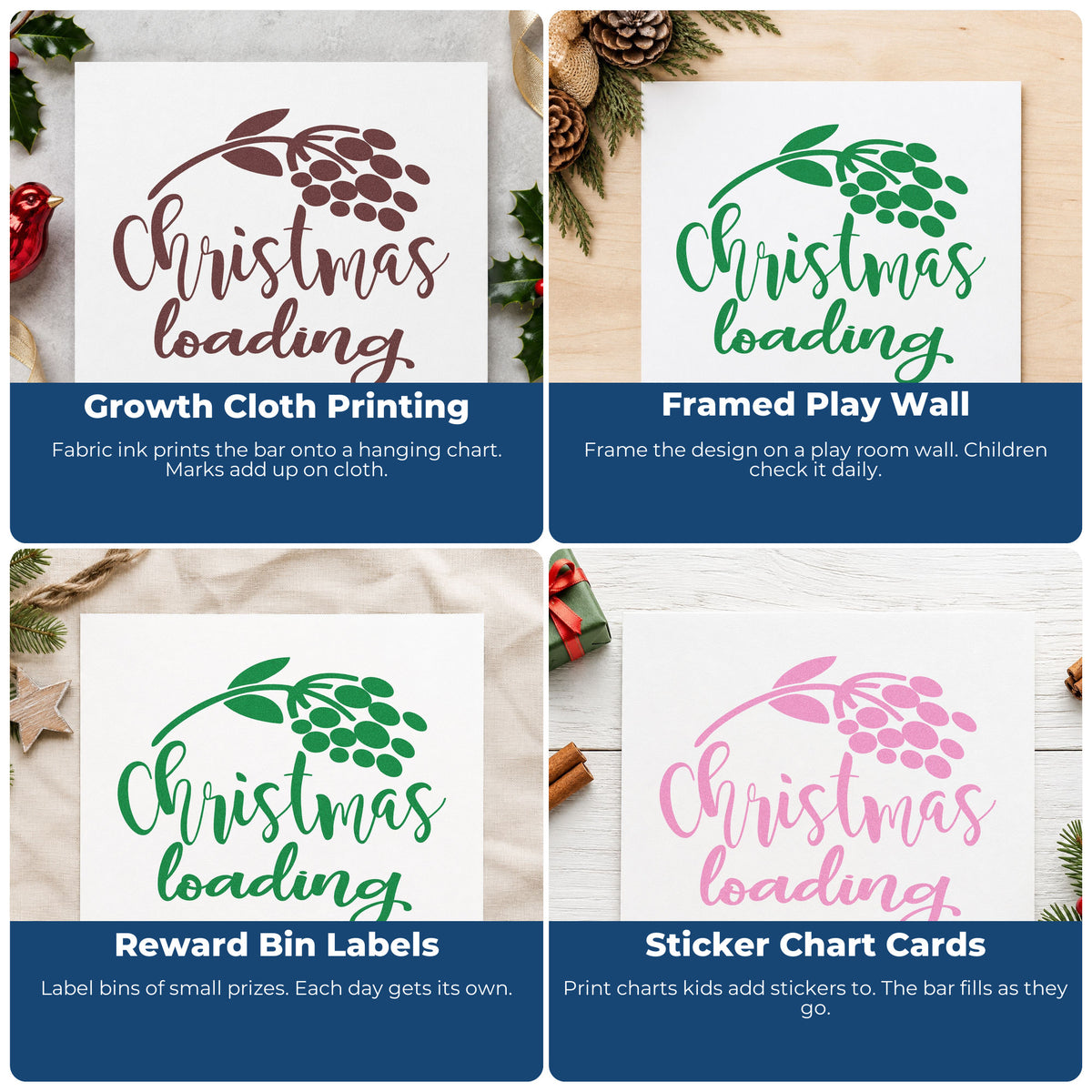 Four ways to use the Christmas Loading Berry Branch PSI Pre-Inked Stamp: growth cloth printing, framed play wall, reward bin labels and sticker chart cards.