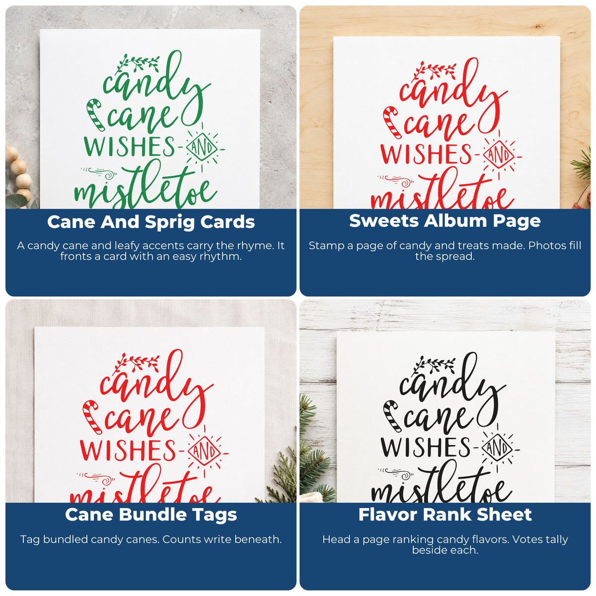 Four ways to use the Candy Cane Wishes And Mistletoe Kisses Rubber Stamp – Duo Hand: cane and sprig cards, sweets album page, cane bundle tags and flavor rank sheet.