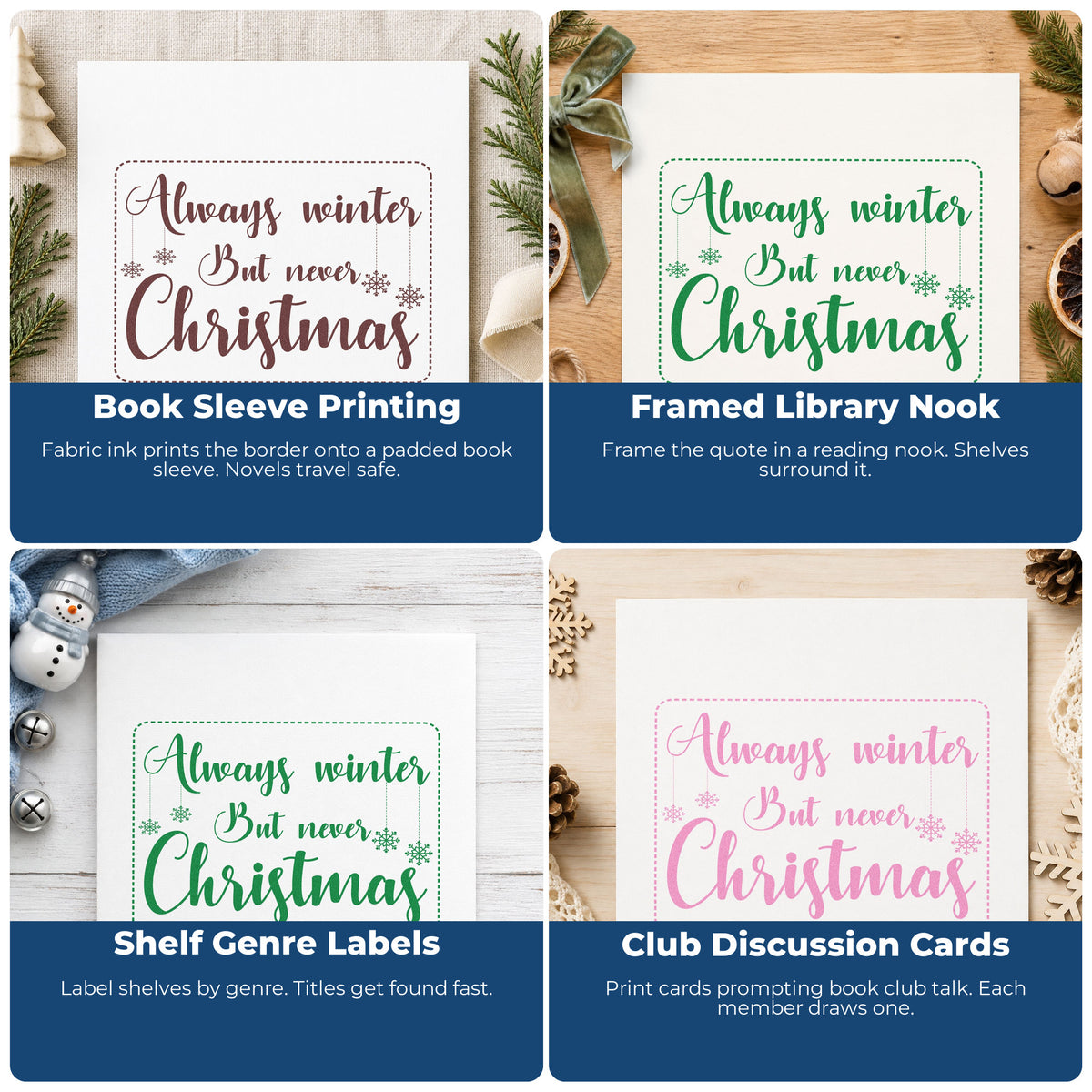Four ways to use the Always Winter Never Christmas PSI Pre-Inked Stamp: book sleeve printing, framed library nook, shelf genre labels and club discussion cards.