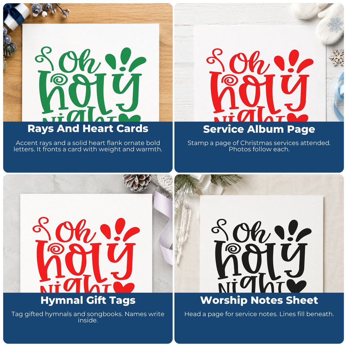 Four ways to use the Oh Holy Night Heart Pre-Inked Stamp – PSI: rays and heart cards, service album page, hymnal gift tags and worship notes sheet.