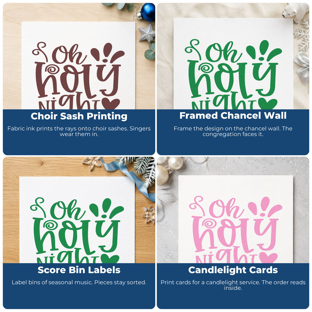 Four ways to use the Vintage Pro Oh Holy Night Heart Premium Wooden Stamp: choir sash printing, framed chancel wall, score bin labels and candlelight cards.