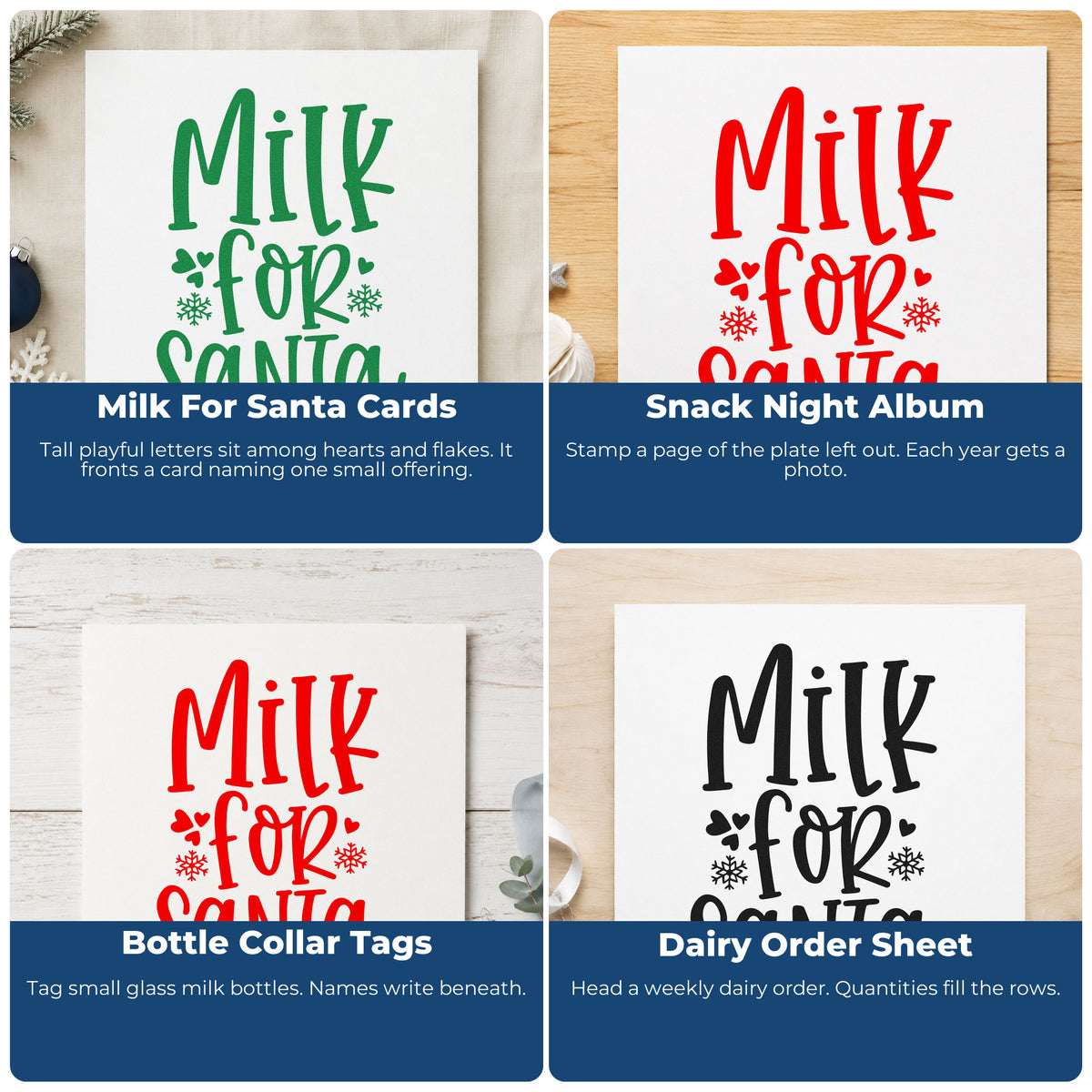 Four ways to use the Wood Handle Milk For Santa Rubber Stamp: milk for santa cards, snack night album, bottle collar tags and dairy order sheet.
