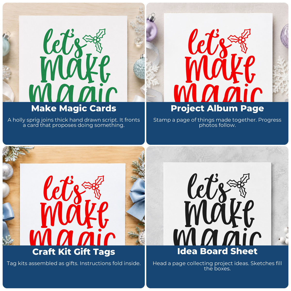 Four ways to use the Let's Make Magic Holly Premium Wooden Stamp - Vintage Pro: make magic cards, project album page, craft kit gift tags and idea board sheet.