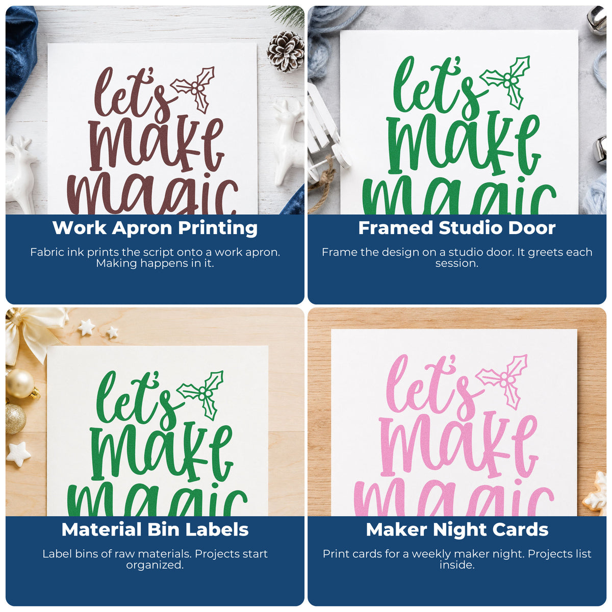 Four ways to use the Duo Hand Let's Make Magic Holly Rubber Stamp: work apron printing, framed studio door, material bin labels and maker night cards.