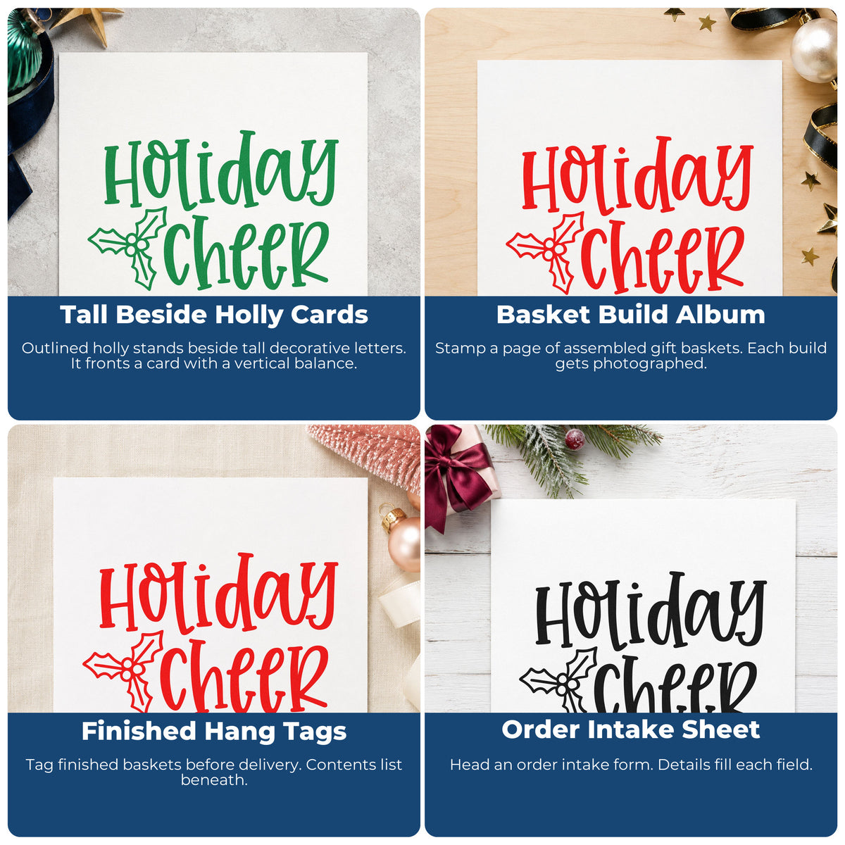 Four ways to use the Holiday Cheer Holly Outline Detail Stamp – Slim Pre-Inked: tall beside holly cards, basket build album, finished hang tags and order intake sheet.