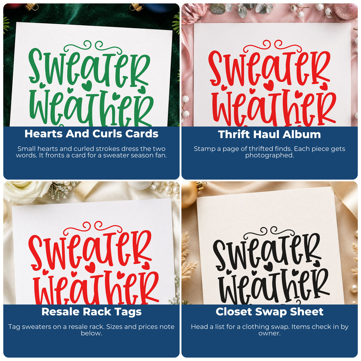 Four ways to use the Sweater Weather Stamp - Premium Vintage Pro Wooden: hearts and curls cards, thrift haul album, resale rack tags and closet swap sheet.