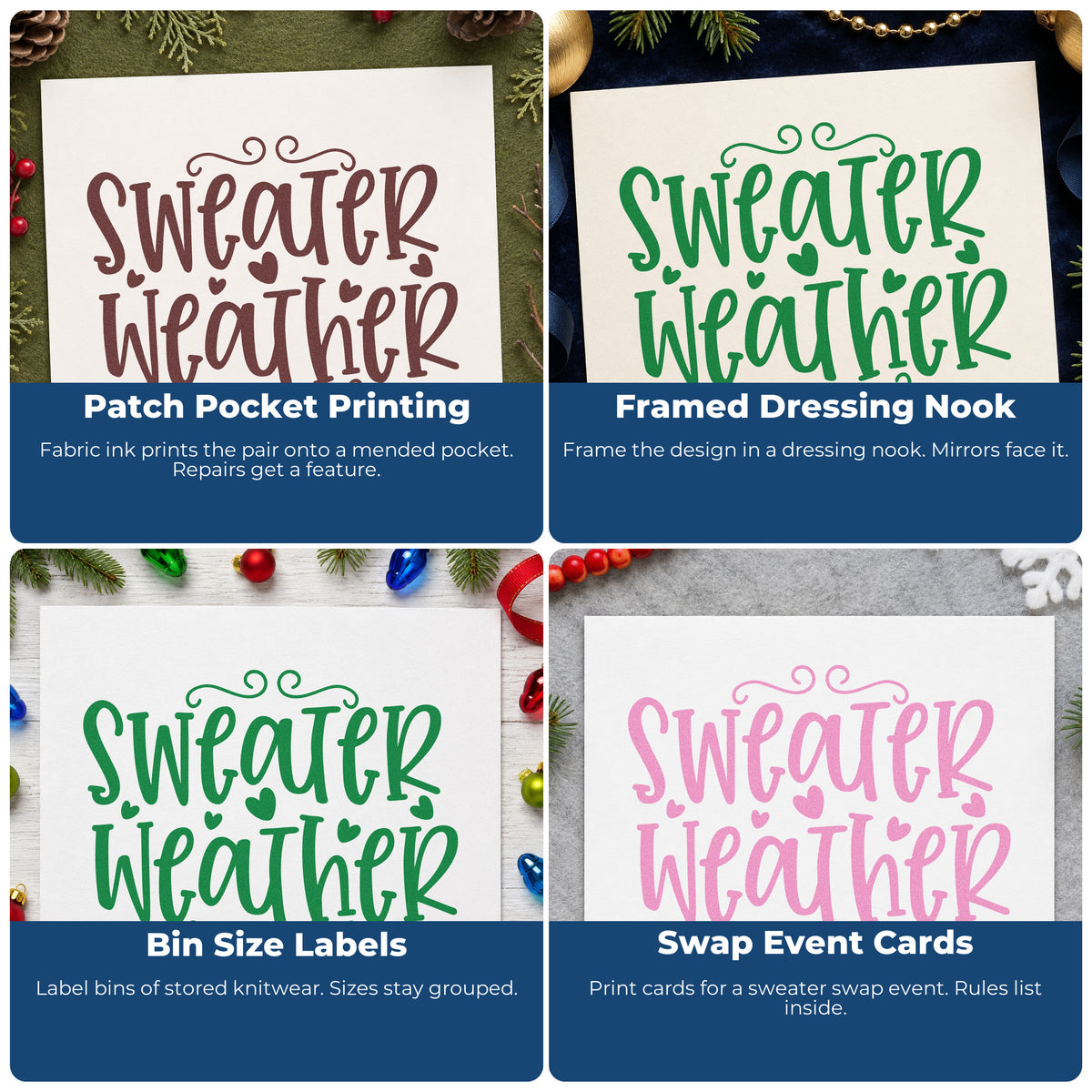 Four ways to use the Sweater Weather Stamp - Premium Vintage Pro Wooden: patch pocket printing, framed dressing nook, bin size labels and swap event cards.