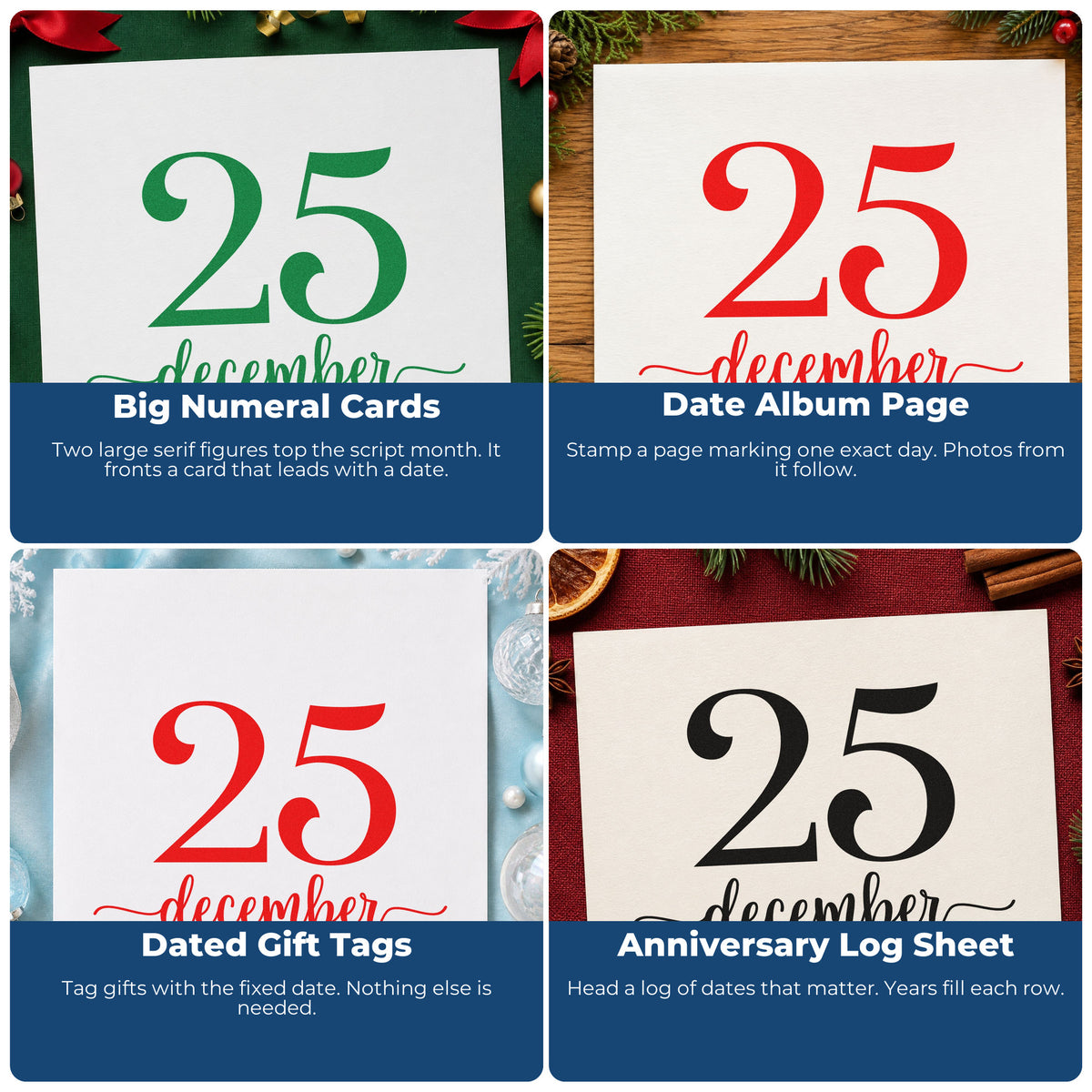 Four ways to use the December Twenty Five Rubber Stamp – Duo Hand: big numeral cards, date album page, dated gift tags and anniversary log sheet.