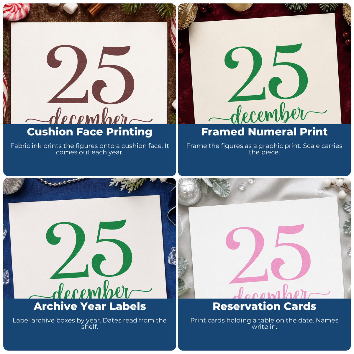 Four ways to use the December Twenty Five Pre-Inked Stamp – PSI: cushion face printing, framed numeral print, archive year labels and reservation cards.