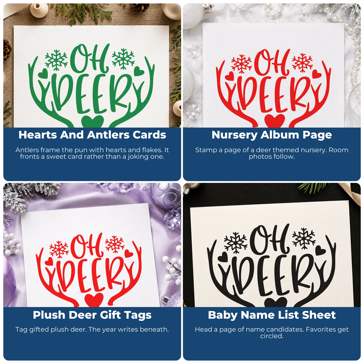 Four ways to use the Oh Deer Antlers Snowflakes Slim Pre-Inked Stamp: hearts and antlers cards, nursery album page, plush deer gift tags and baby name list sheet.