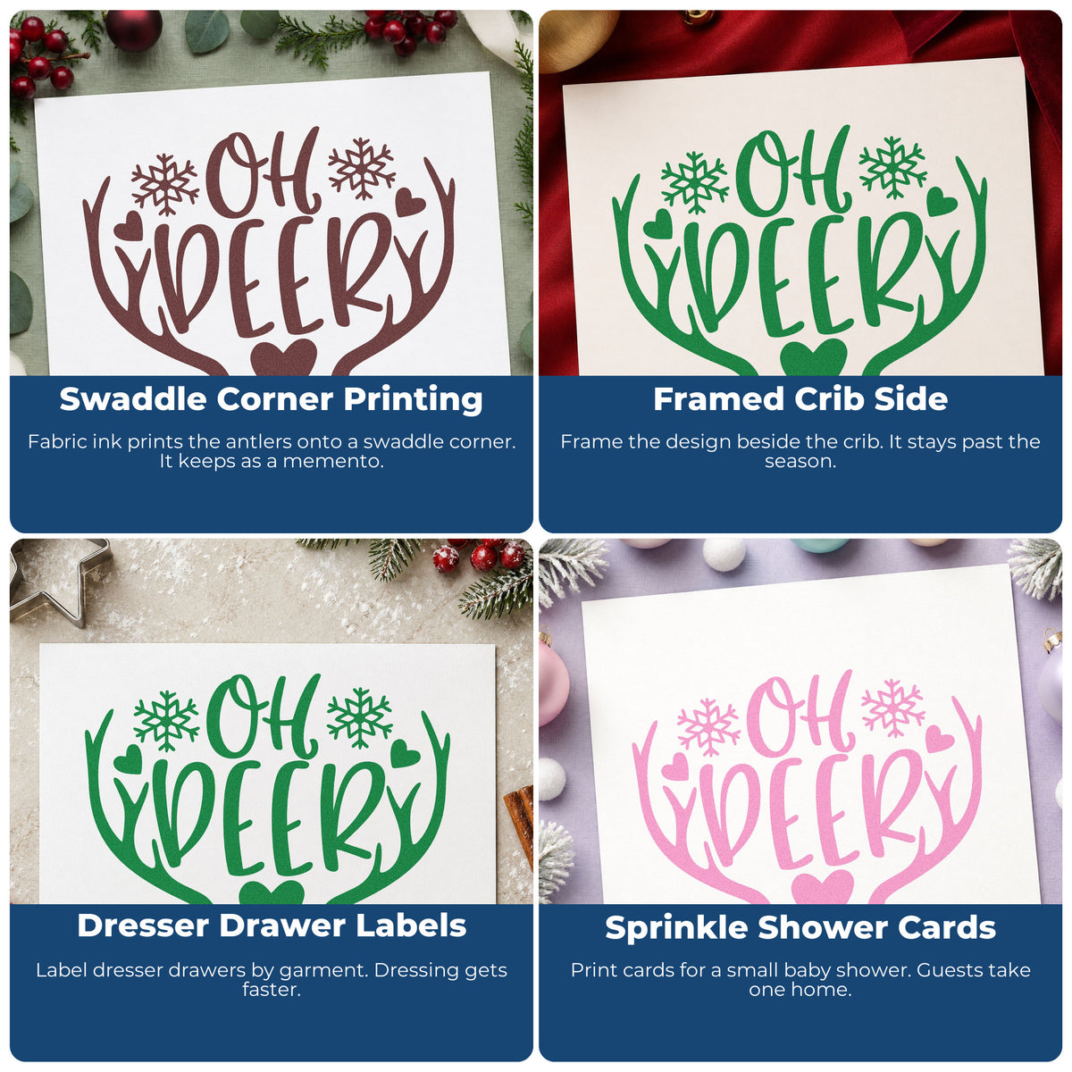 Four ways to use the Oh Deer Antlers Snowflakes Slim Pre-Inked Stamp: swaddle corner printing, framed crib side, dresser drawer labels and sprinkle shower cards.