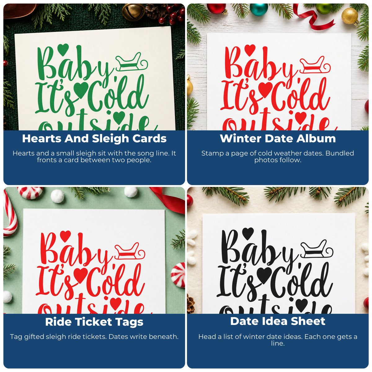 Four ways to use the Baby It's Cold Outside Sleigh With Hearts Stamp - Premium Vintage Pro Wooden: hearts and sleigh cards, winter date album, ride ticket tags and date idea sheet.