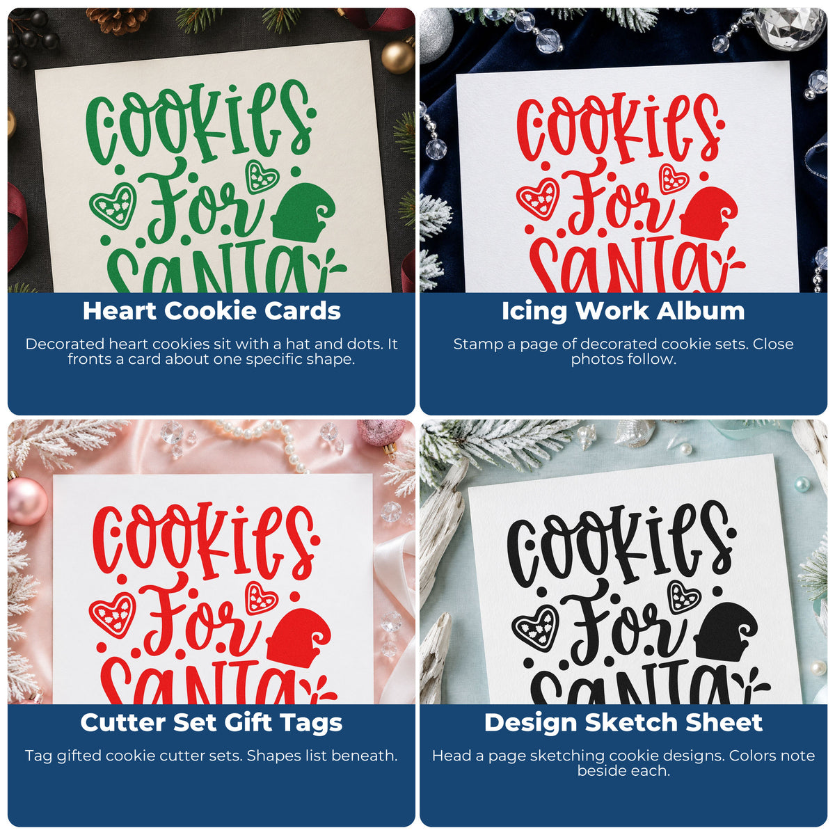 Four ways to use the Cookies For Santa Hearts Premium Wood-Mounted Stamp - Vintage Pro: heart cookie cards, icing work album, cutter set gift tags and design sketch sheet.