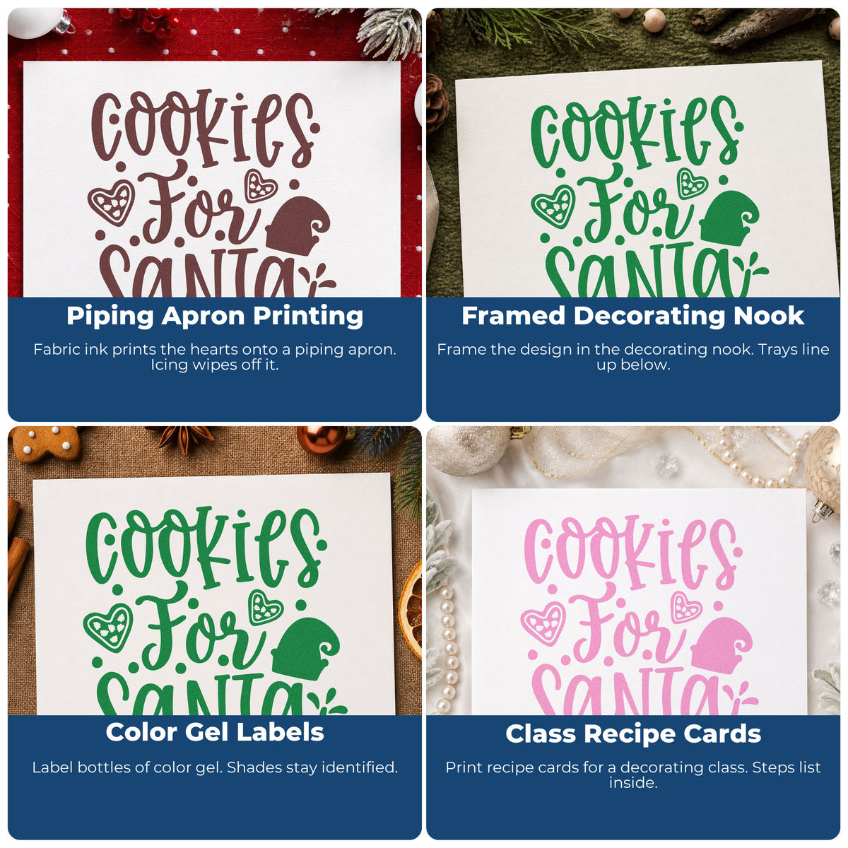 Four ways to use the Cookies For Santa Hearts Wood Handle Stamp: piping apron printing, framed decorating nook, color gel labels and class recipe cards.