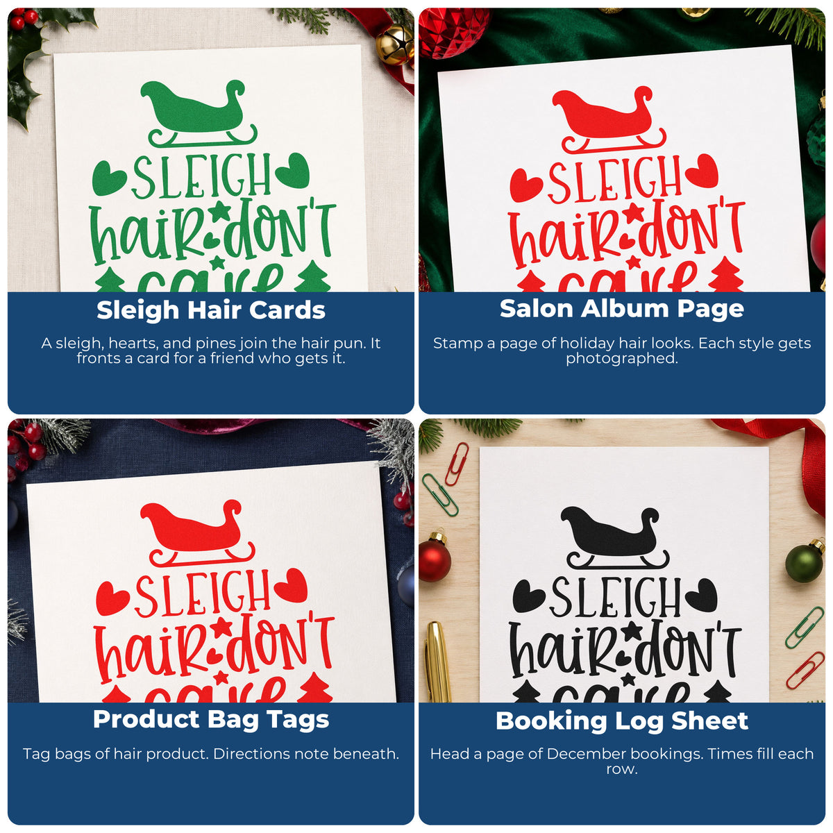 Four ways to use the Premium Wooden Sleigh Hair Don't Care Pine Motif Stamp - Vintage Pro: sleigh hair cards, salon album page, product bag tags and booking log sheet.