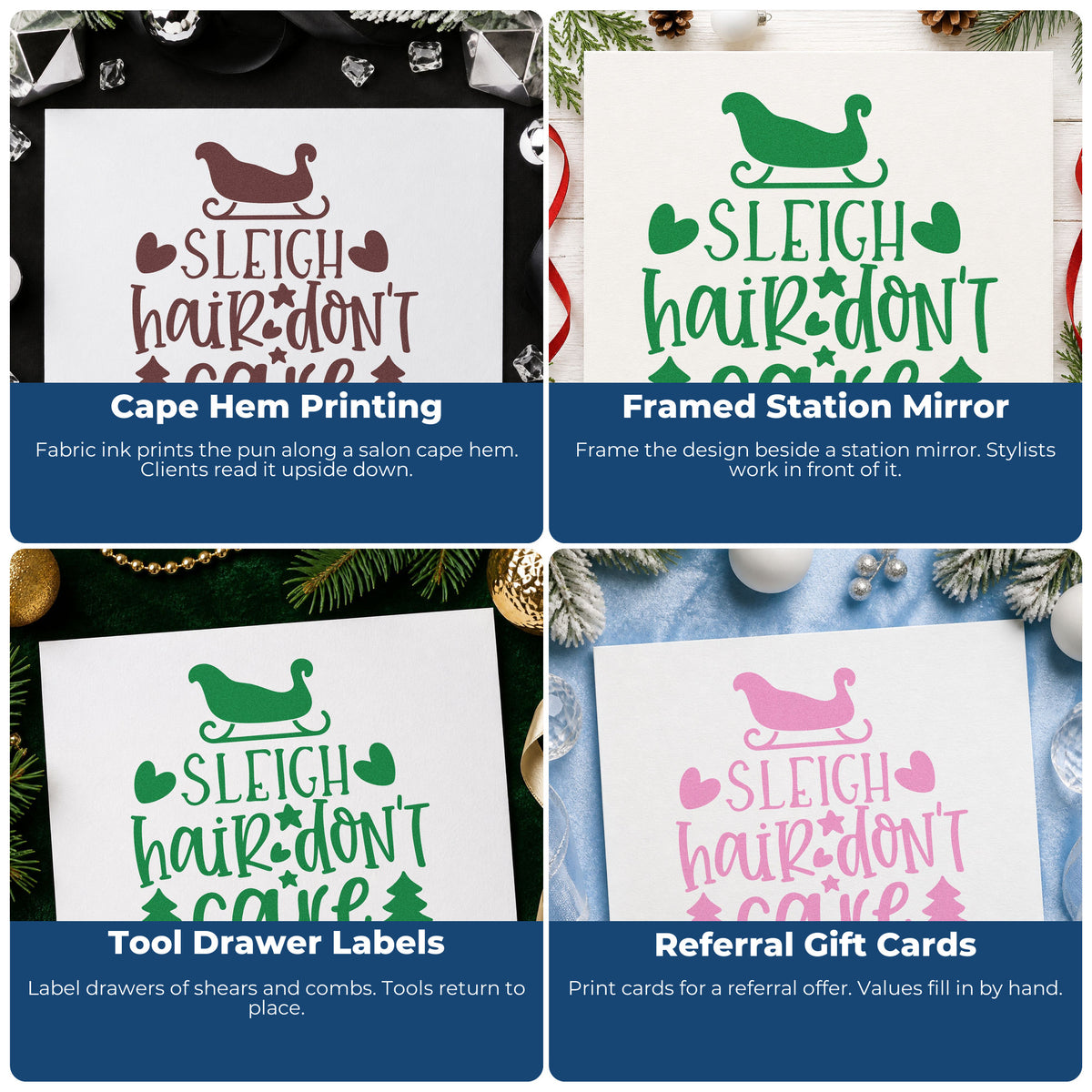 Four ways to use the Premium Wooden Sleigh Hair Don't Care Pine Motif Stamp - Vintage Pro: cape hem printing, framed station mirror, tool drawer labels and referral gift cards.