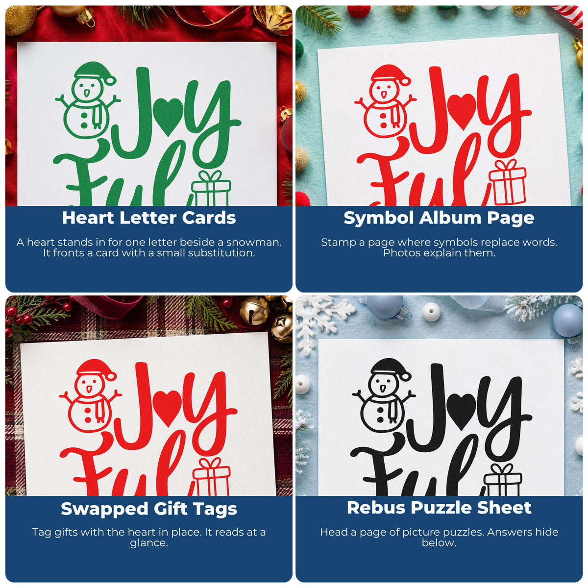 Four ways to use the Joyful Snowman And Gift Slim Pre-Inked Stamp: heart letter cards, symbol album page, swapped gift tags and rebus puzzle sheet.