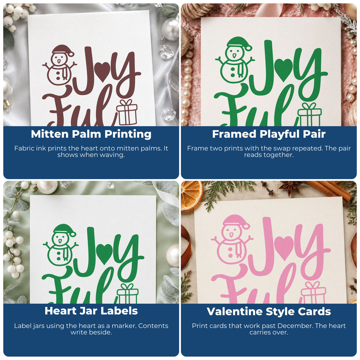 Four ways to use the Joyful Snowman And Gift Rubber Stamp – Duo Hand: mitten palm printing, framed playful pair, heart jar labels and valentine style cards.