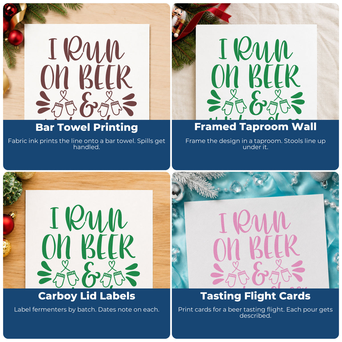 Four ways to use the Beer And Holiday Cheer Stamp - Premium Vintage Pro Wooden: bar towel printing, framed taproom wall, carboy lid labels and tasting flight cards.