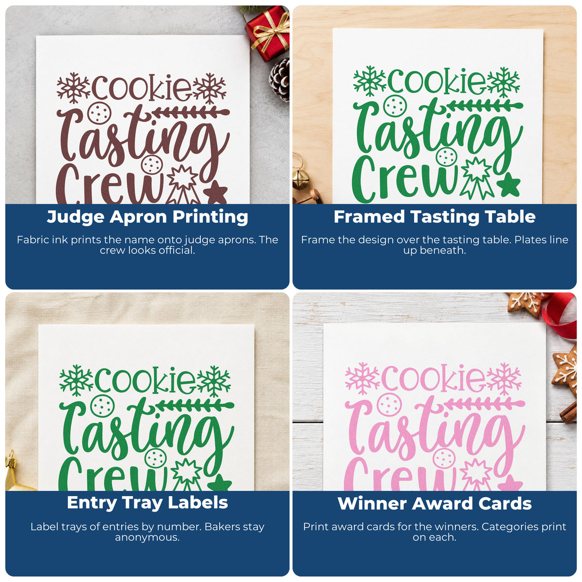 Four ways to use the Vintage Pro Cookie Tasting Crew Premium Wooden Stamp: judge apron printing, framed tasting table, entry tray labels and winner award cards.
