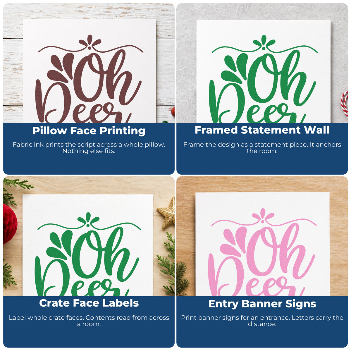 Four ways to use the Oh Deer Ornamental Script Lettering Premium Wooden Stamp - Vintage Pro: pillow face printing, framed statement wall, crate face labels and entry banner signs.