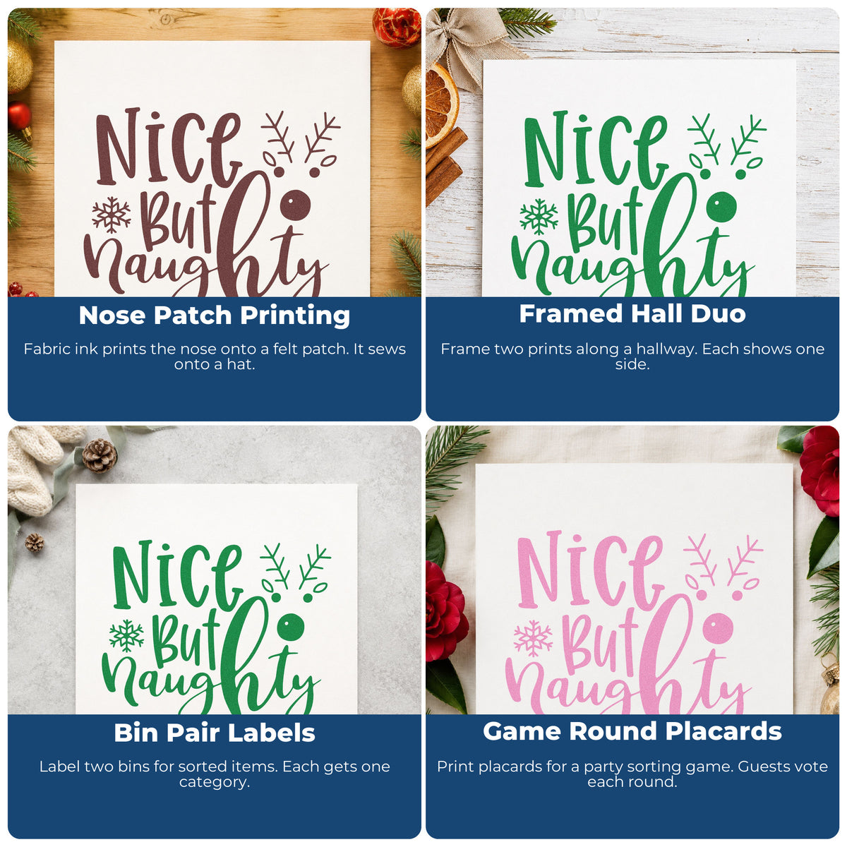 Four ways to use the Nice But Naughty Reindeer Premium Wooden Stamp - Vintage Pro: nose patch printing, framed hall duo, bin pair labels and game round placards.