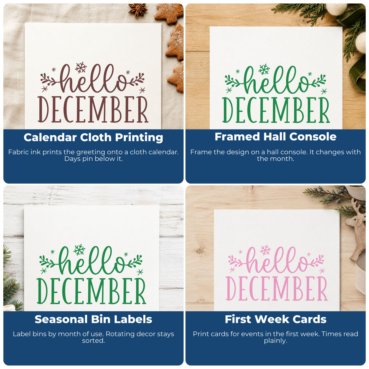 Four ways to use the Hello December Sprigs Leaf Accents Pre-Inked Stamp – Slim: calendar cloth printing, framed hall console, seasonal bin labels and first week cards.