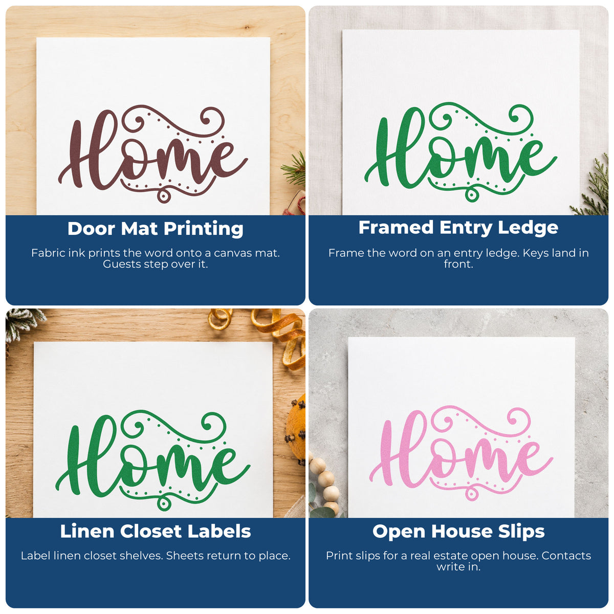 Four ways to use the Home Flourishing Script Pre-Inked Stamp – PSI: door mat printing, framed entry ledge, linen closet labels and open house slips.