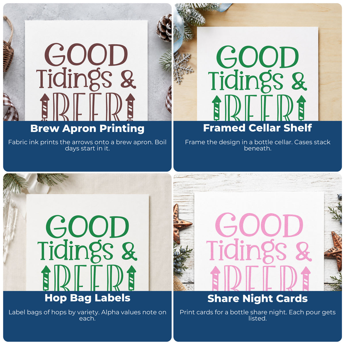 Four ways to use the Good Tidings & Beer Arrow Rubber Stamp – Duo Hand: brew apron printing, framed cellar shelf, hop bag labels and share night cards.