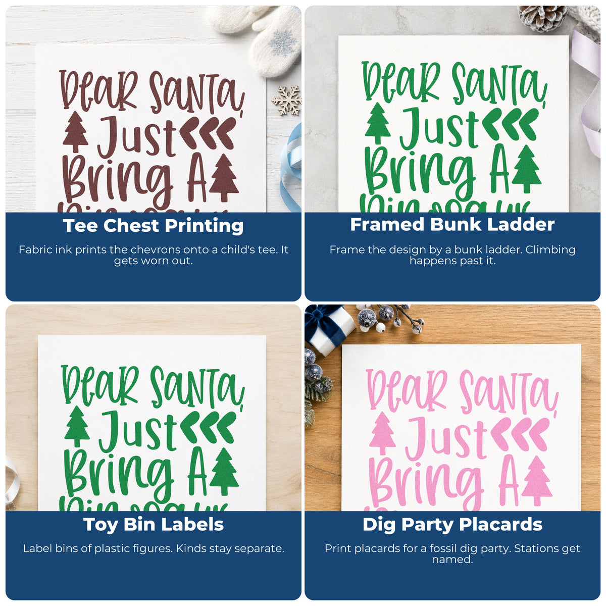 Four ways to use the Dear Santa Just Bring A Dinosaur Premium Wooden Stamp - Vintage Pro: tee chest printing, framed bunk ladder, toy bin labels and dig party placards.