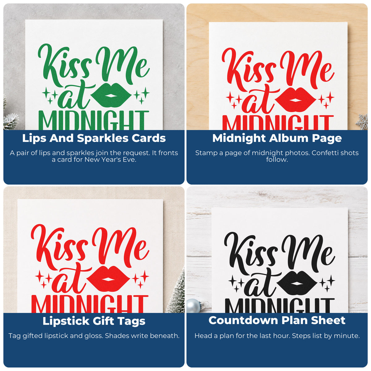 Four ways to use the Kiss Me At Midnight With Sparkles Stamp - Premium Vintage Pro Wooden: lips and sparkles cards, midnight album page, lipstick gift tags and countdown plan sheet.