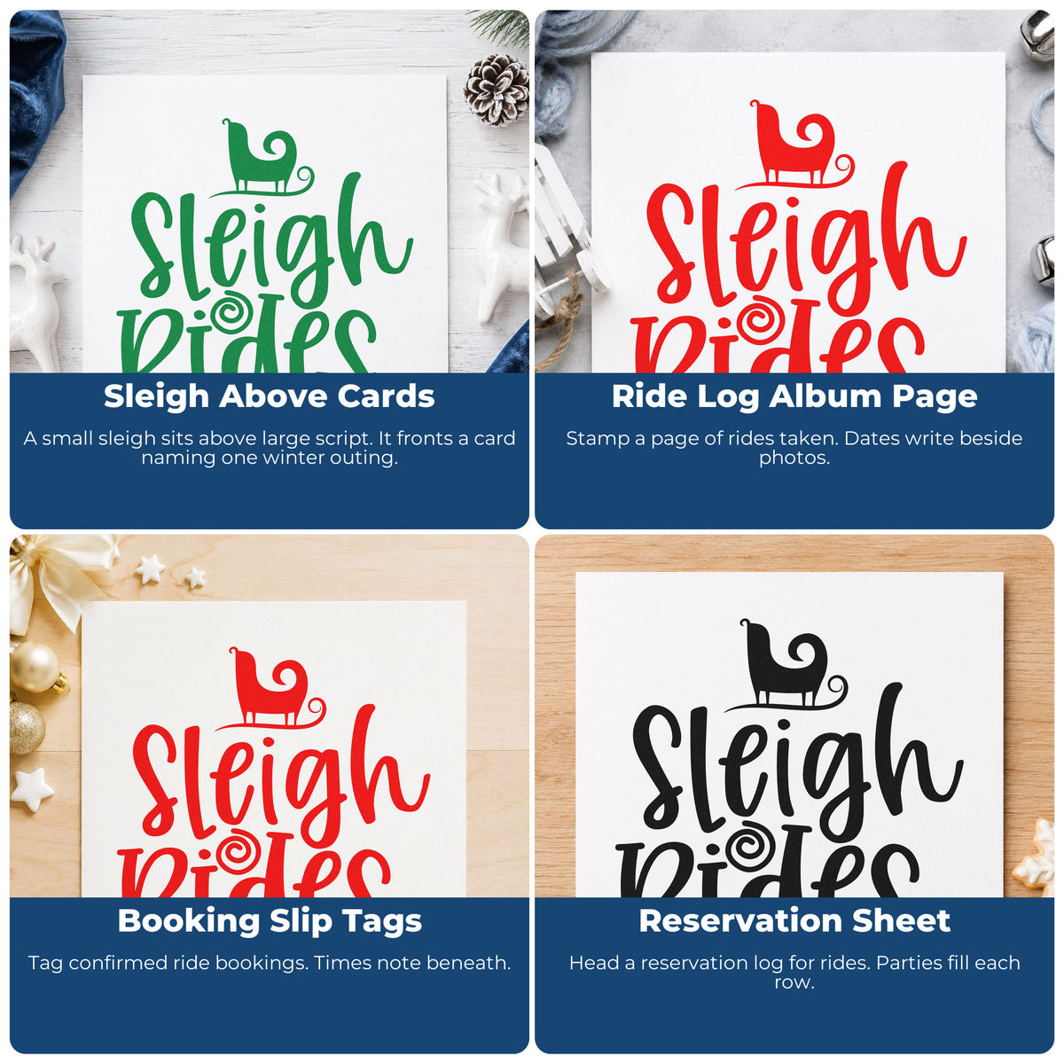 Four ways to use the Sleigh Rides Silhouette Rubber Stamp – Duo Hand: sleigh above cards, ride log album page, booking slip tags and reservation sheet.