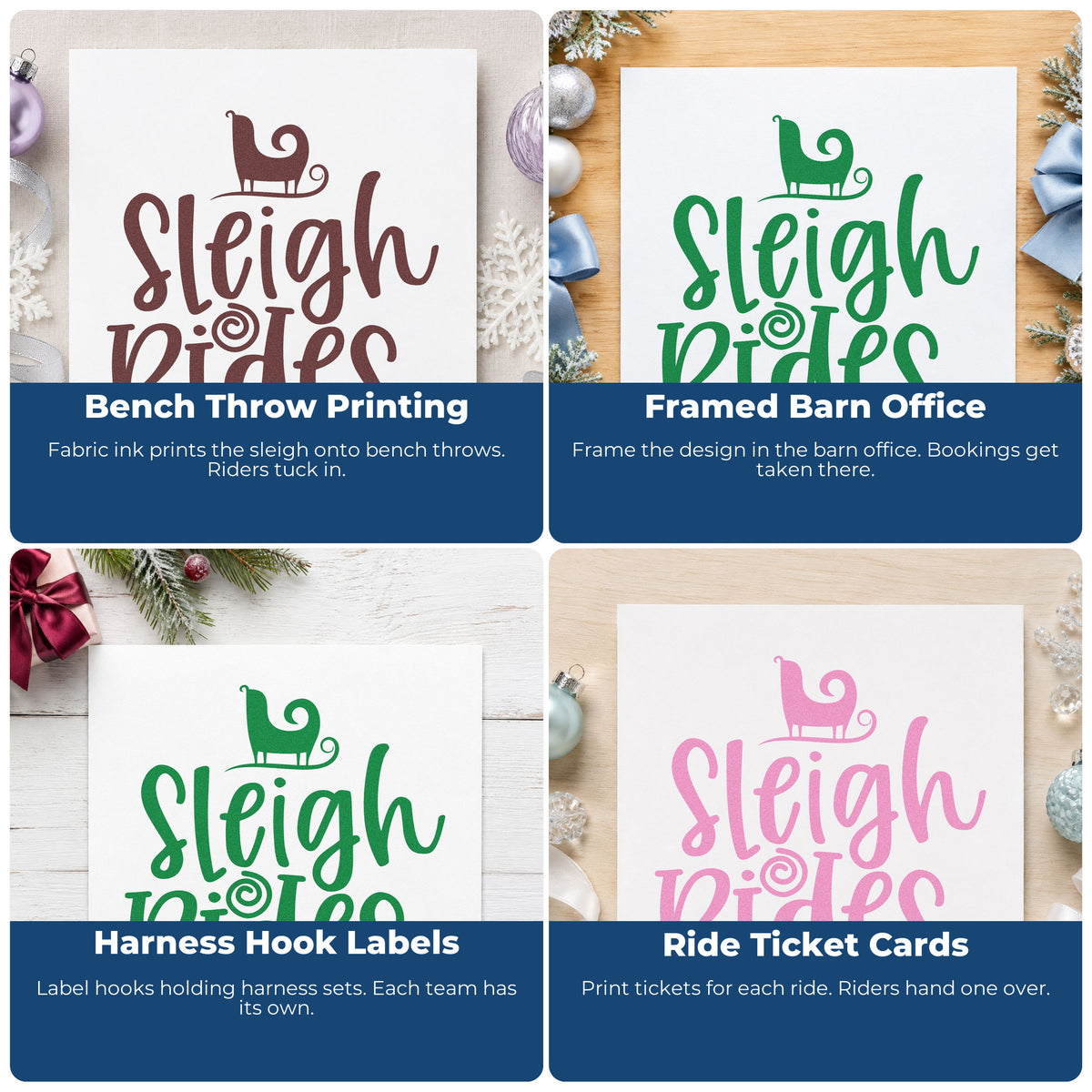 Four ways to use the Sleigh Rides Silhouette Rubber Stamp – Duo Hand: bench throw printing, framed barn office, harness hook labels and ride ticket cards.