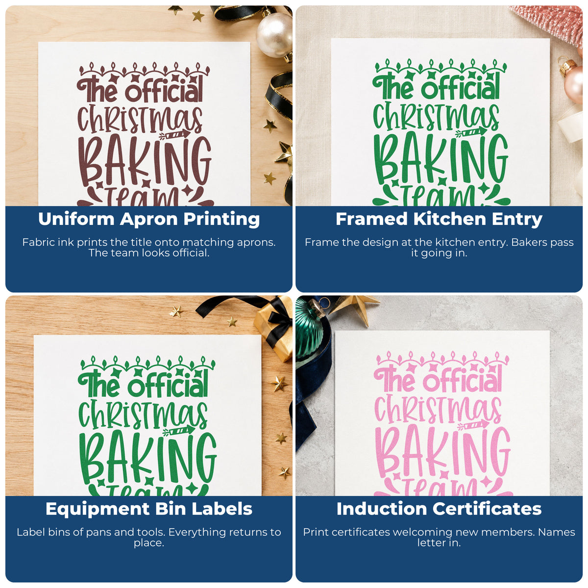 Four ways to use the Official Christmas Baking Team Craft Stamp – Self-Inking: uniform apron printing, framed kitchen entry, equipment bin labels and induction certificates.