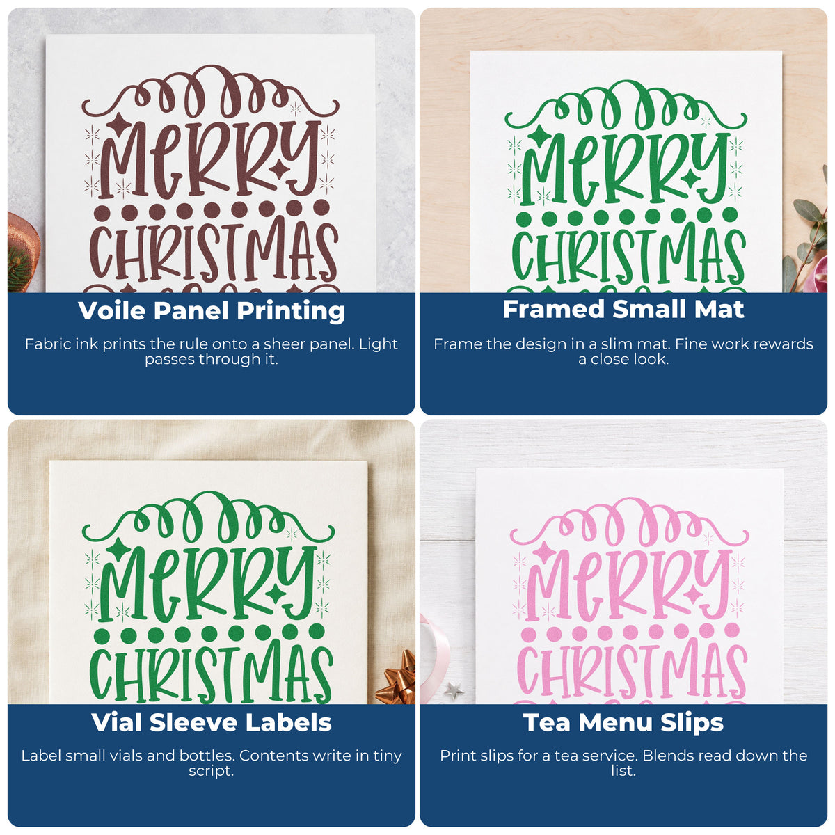 Four ways to use the Merry Christmas Loop Borders Compact Pre-Inked Stamp – Slim: voile panel printing, framed small mat, vial sleeve labels and tea menu slips.