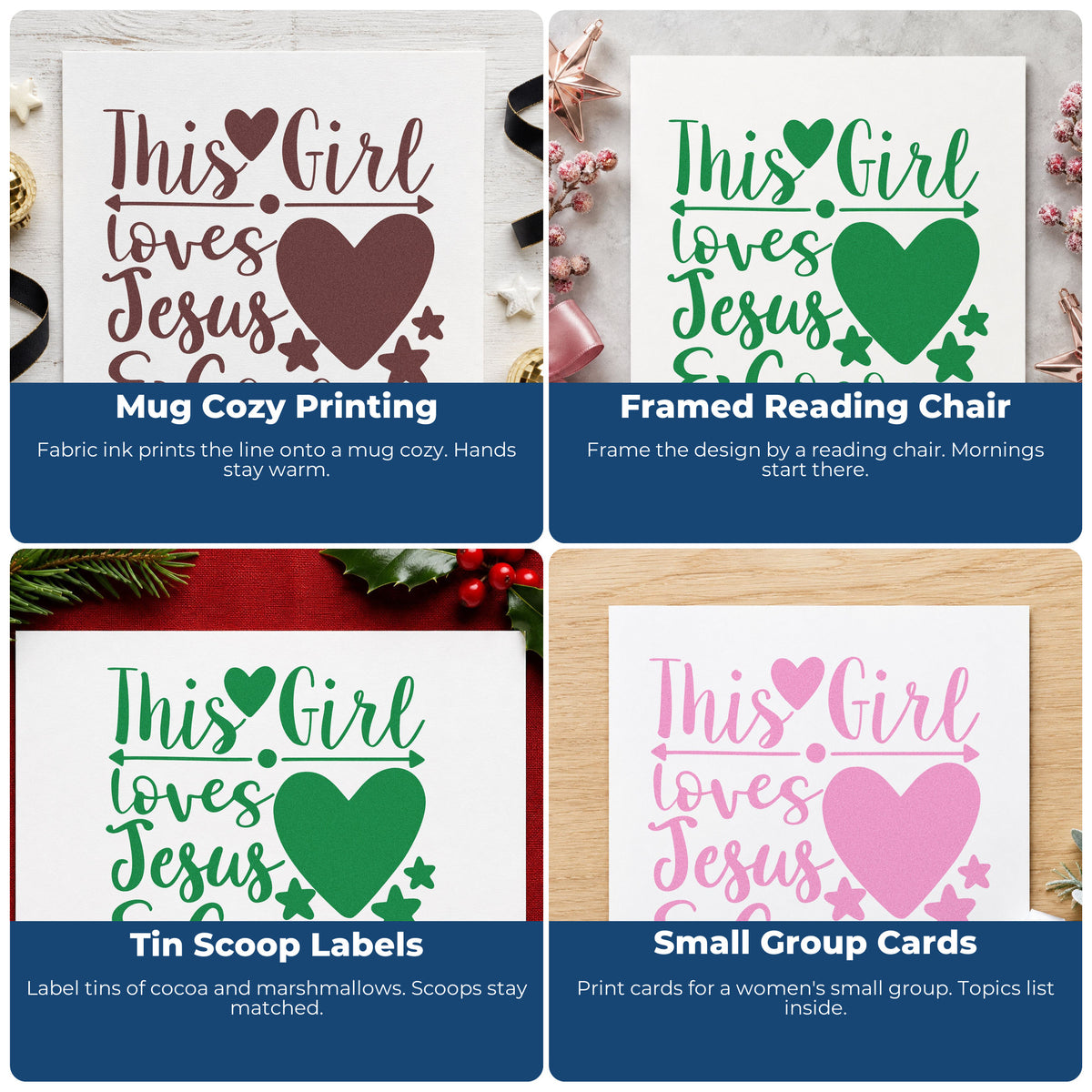 Four ways to use the Girl Loves Jesus And Cocoa Stamp – Self-Inking: mug cozy printing, framed reading chair, tin scoop labels and small group cards.