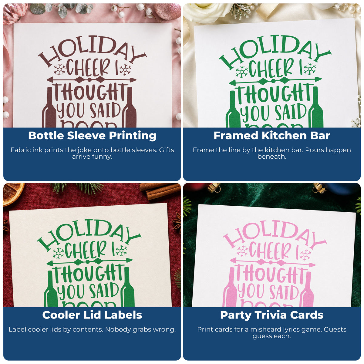 Four ways to use the Holiday Cheer You Said Beer Wood-Mounted Rubber Stamp: bottle sleeve printing, framed kitchen bar, cooler lid labels and party trivia cards.