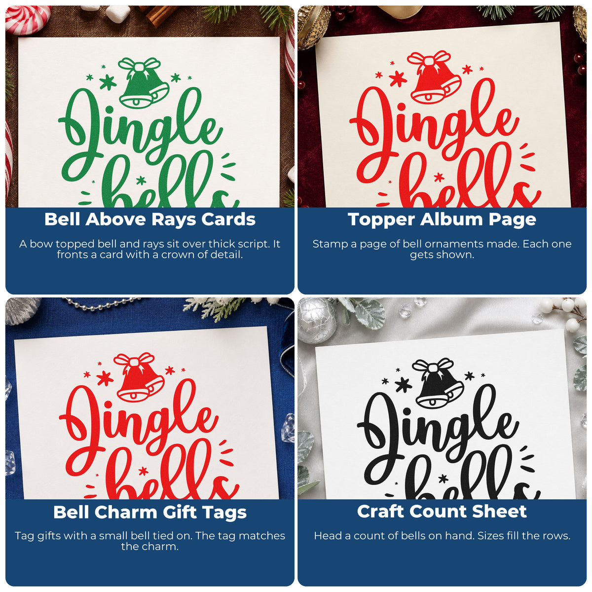 Four ways to use the Jingle Bells Bow Bell Stamp – Duo Hand: bell above rays cards, topper album page, bell charm gift tags and craft count sheet.