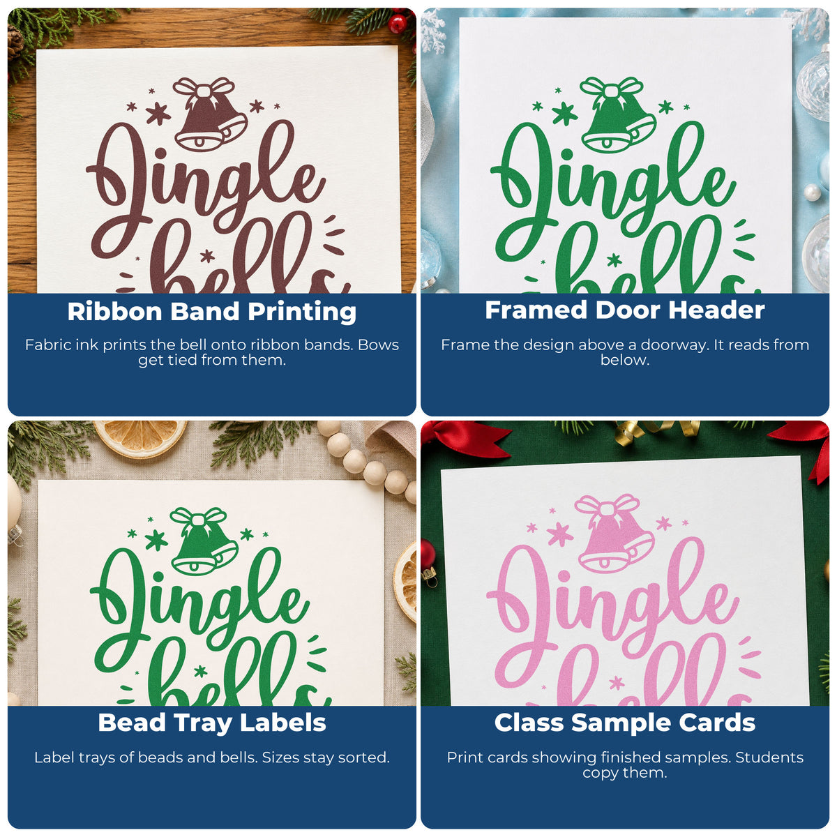 Four ways to use the Jingle Bells Bow Bell Premium Wooden Stamp - Vintage Pro: ribbon band printing, framed door header, bead tray labels and class sample cards.