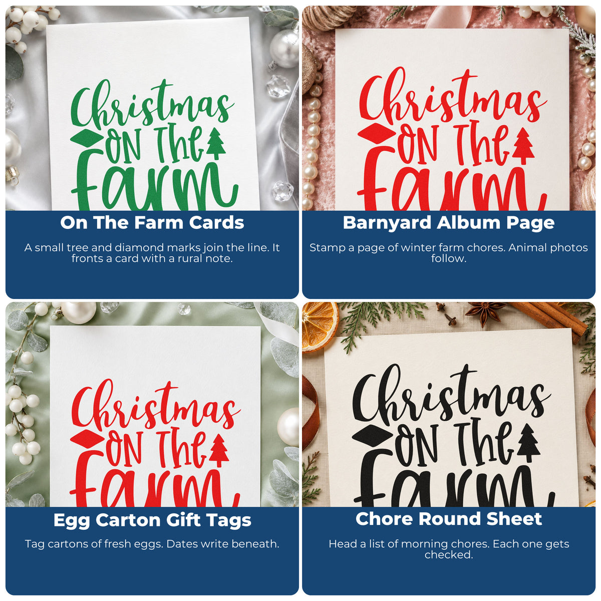Four ways to use the Christmas On The Farm Premium Wood-Mounted Stamp - Vintage Pro: on the farm cards, barnyard album page, egg carton gift tags and chore round sheet.