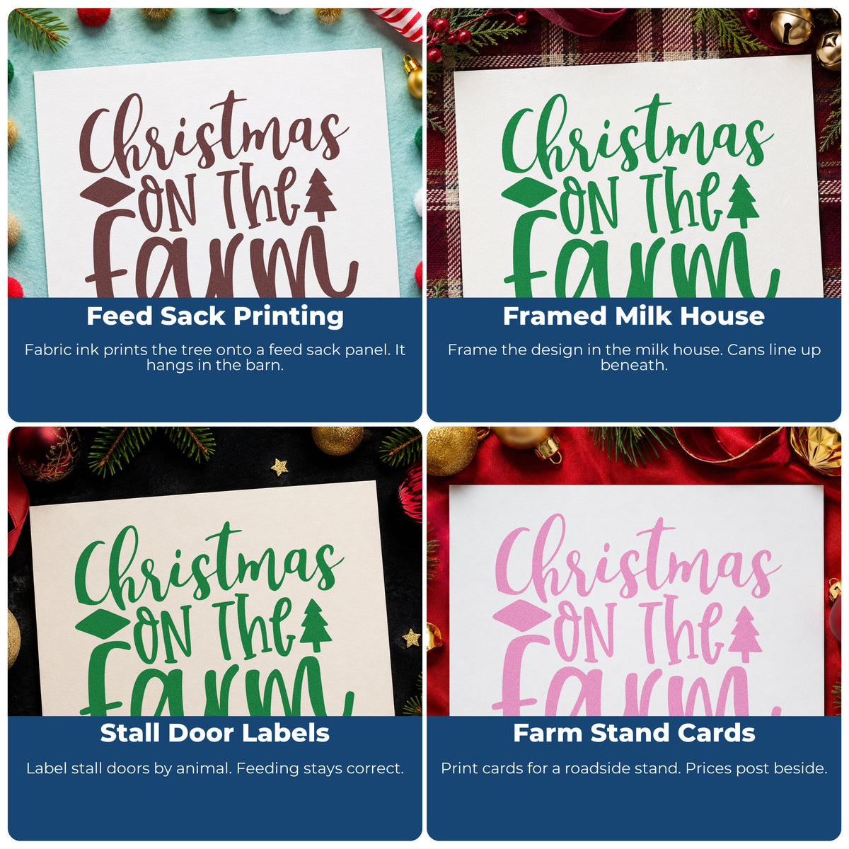 Four ways to use the Christmas On The Farm Rubber Stamp – Duo Hand: feed sack printing, framed milk house, stall door labels and farm stand cards.