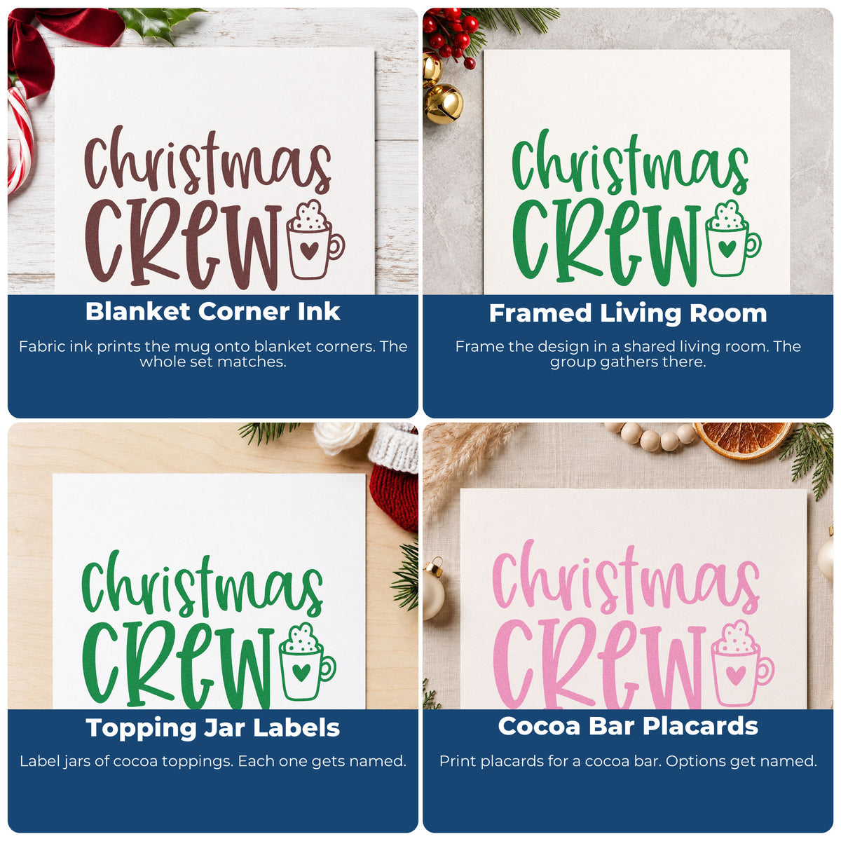 Four ways to use the Christmas Crew Cocoa Mug With Hearts Rubber Stamp – Wood Handle: blanket corner ink, framed living room, topping jar labels and cocoa bar placards.