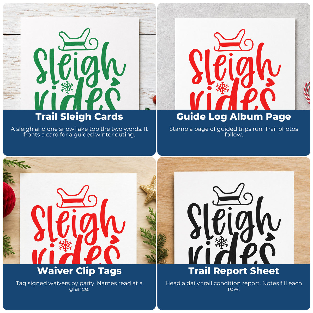 Four ways to use the Sleigh Rides Winter Word Art PSI Pre-Inked Stamp: trail sleigh cards, guide log album page, waiver clip tags and trail report sheet.