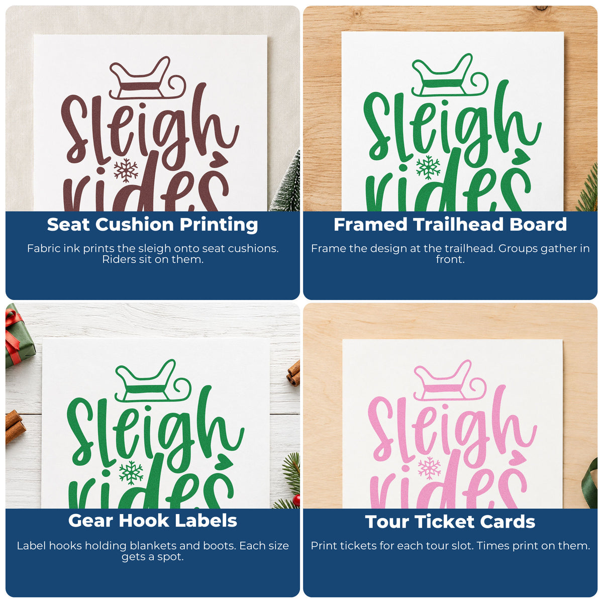 Four ways to use the Sleigh Rides Winter Word Art PSI Pre-Inked Stamp: seat cushion printing, framed trailhead board, gear hook labels and tour ticket cards.